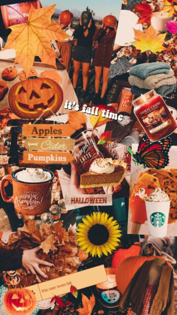 A dense Fall Collage Wallpaper for mobile featuring autumn leaves, pumpkins, candles, drinks, and various fall-themed texts