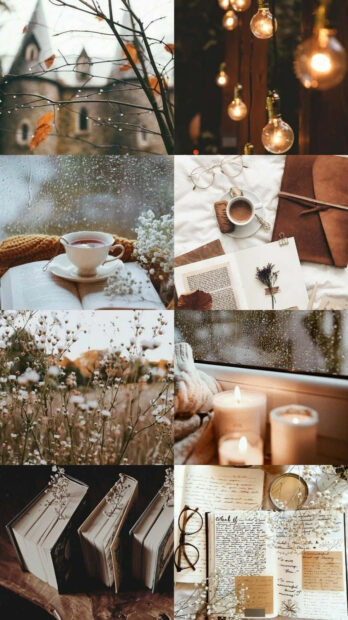 Fall collage wallpaper with a cozy aesthetic featuring rain, books, tea, candles, string lights, and delicate white flowers
