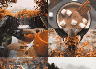 A beautiful fall collage wallpaper depicting various autumn activities and landscapes, including pumpkin carving, hot chocolate, and misty forest views