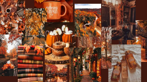 This fall collage wallpaper showcases a variety of cozy autumn elements like pumpkin mugs, colorful foliage, plaid blankets, and warm indoor scenes