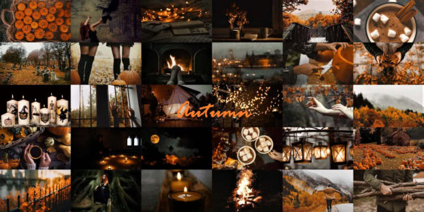 A detailed fall collage wallpaper showcasing various autumn and Halloween scenes like pumpkins, campfires, and fall foliage