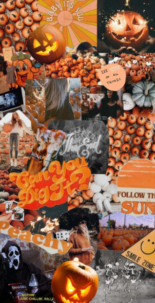 A vibrant fall collage wallpaper featuring jack-o'-lanterns, pumpkins, skeletons, and various Halloween-themed elements with text overlays
