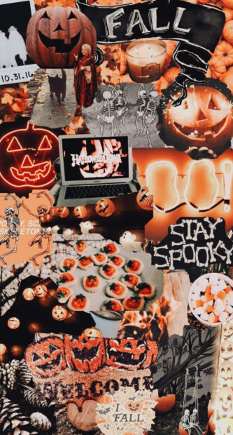 Fall collage wallpaper featuring a vibrant collection of Halloween imagery including carved pumpkins, skeletons, ghost figures, and spooky decor
