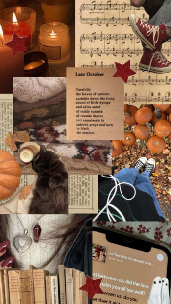 Fall collage wallpaper depicting a moody October scene with candles, sheet music, a black cat, pumpkins, and a poem