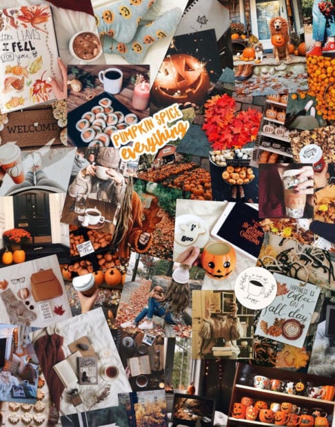 A vibrant fall collage wallpaper filled with pumpkin spice items, autumn leaves, Halloween decorations, and cozy lifestyle elements for mobile