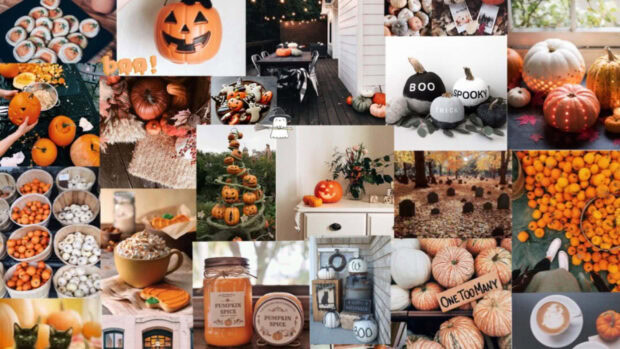 A bright fall collage wallpaper featuring various pumpkins, Halloween decorations, and pumpkin spice items
