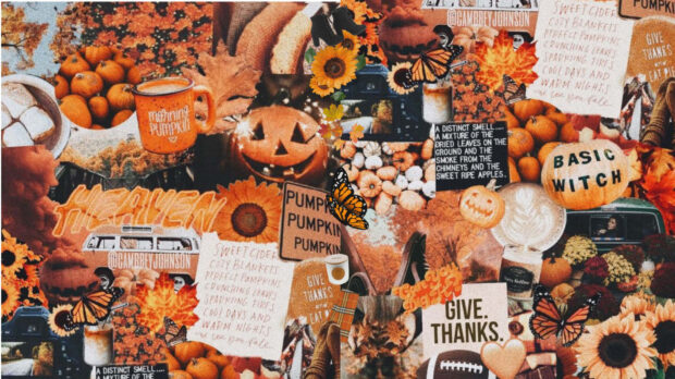 A dense and warm orange fall collage wallpaper featuring autumn leaves, pumpkins, sunflowers, and fall-themed text