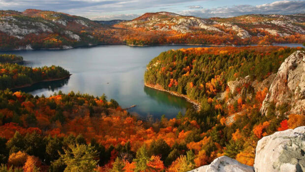 Stunning Fall Colors Wallpaper showing a vast lake nestled among mountains and forests ablaze with vibrant autumn foliage