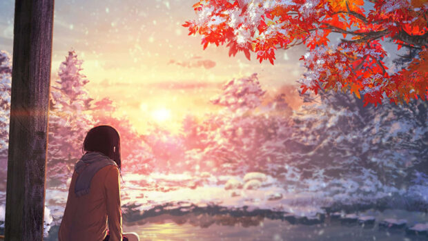 An anime Fall Foliage Wallpaper depicting a girl watching a snowy sunset with vibrant red leaves on a tree