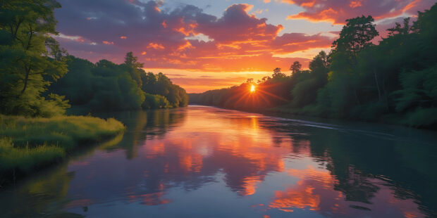 A stunning fall foliage wallpaper showing a vibrant sunset over a calm river, reflecting orange and red clouds with lush green trees on the banks
