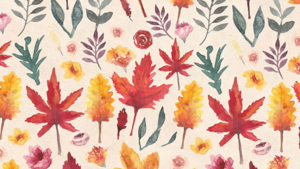 A vibrant Fall Foliage Wallpaper featuring a watercolor pattern of red, orange, and yellow autumn leaves and flowers