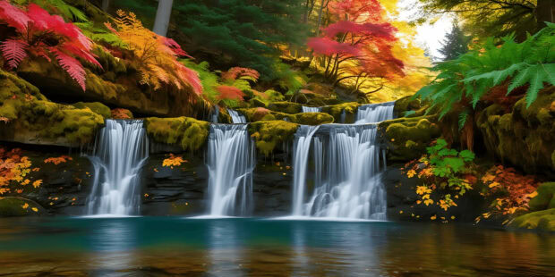 A beautiful fall foliage wallpaper featuring a multi-tiered waterfall cascading into a clear blue pool, surrounded by vibrant autumn leaves and moss-covered rocks