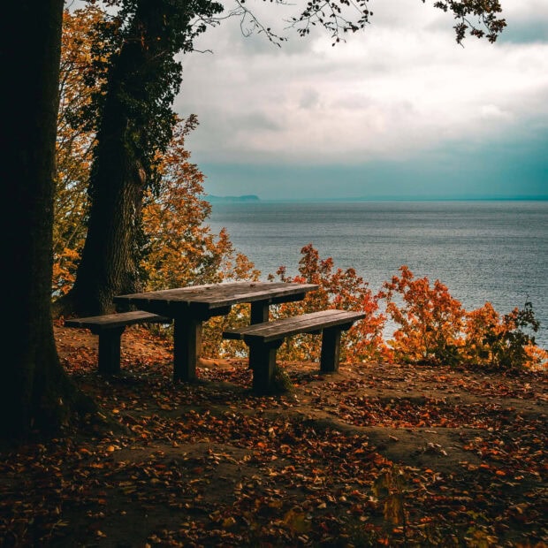 A tranquil Fall iPad wallpaper featuring a wooden picnic table and benches overlooking a calm ocean or lake under a cloudy sky, surrounded by autumn trees