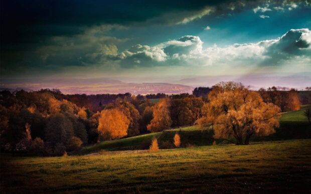 Fall landscape wallpaper showing golden autumn trees on rolling green hills under a dramatic sky with sun rays over a distant city