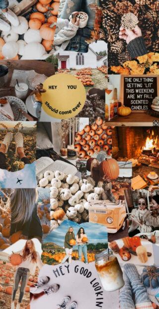 A busy Fall Season Wallpaper collage featuring various autumn scenes, pumpkins, people, and cozy fall decorations