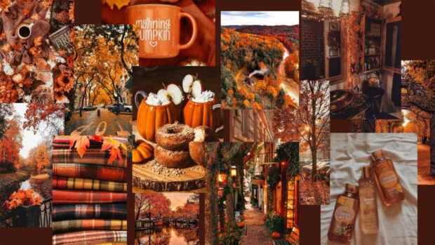 A vibrant Fall Season Wallpaper collage featuring various autumn elements like a pumpkin mug, colorful leaves, cozy interiors, and scenic fall landscapes