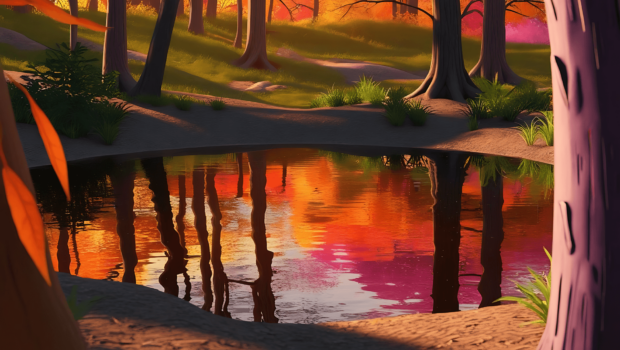 An artistic fall trees wallpaper showing a small pond reflecting warm orange and pink autumn foliage in a stylized forest setting