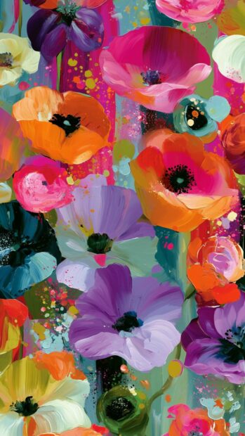 Flower wallpaper depicting a vibrant abstract painting of colorful poppy flowers