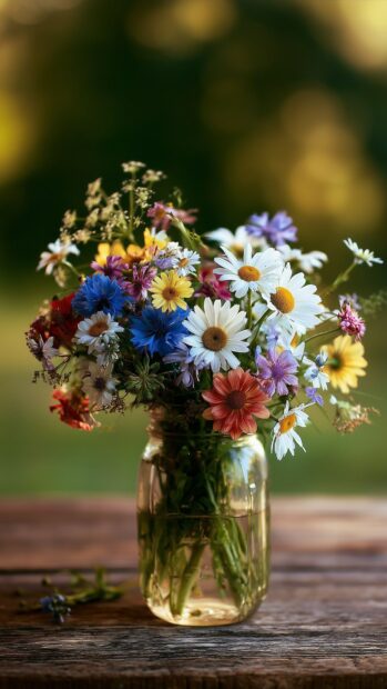 This flower wallpaper showcases a colorful bouquet of wildflowers in a glass jar on a rustic wooden table, perfect for mobile devices