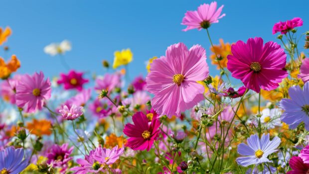 Flower wallpaper featuring a vibrant field of colorful cosmos flowers under a clear blue sky