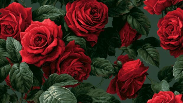 A dark red roses flower wallpaper featuring a rich, seamless pattern of deep red blooms and dark green leaves