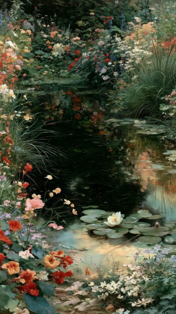 Flower wallpaper showcasing a lush garden pond with vibrant flowers and delicate water lilies