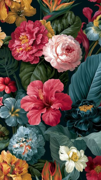 This tropical flower wallpaper displays a vibrant pattern of various blooms and large leaves on a dark background, ideal for mobile devices