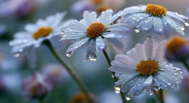 A close-up flower wallpaper featuring white daisies with delicate water drops on their petals against a soft, blurred background