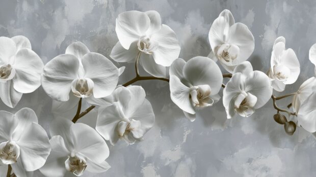 Flower wallpaper featuring elegant white orchids blooming against a soft grey textured background