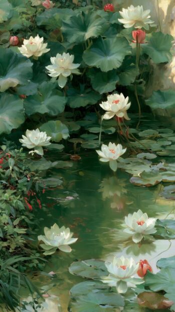 Flower wallpaper depicting beautiful white water lilies floating on a serene green pond