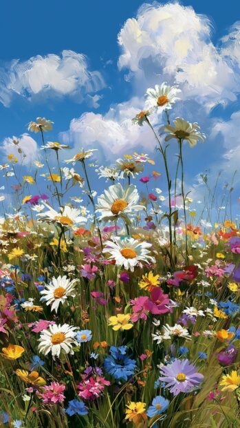 An artistic flower wallpaper depicting a vibrant wildflower field under a bright blue sky with white clouds, perfect for mobile screens
