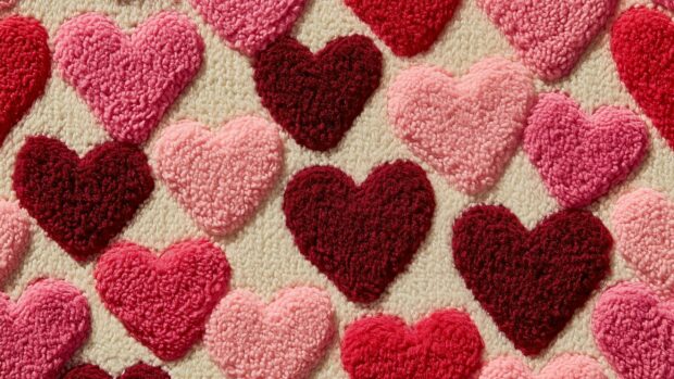 A charming fluffy Heart Wallpaper featuring textured hearts in various shades of pink and red on a soft cream background