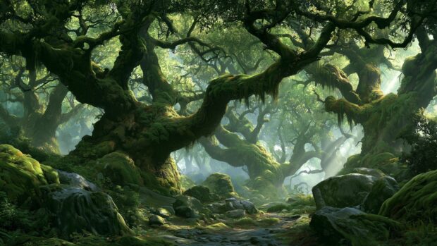 An ethereal Forest Wallpaper featuring ancient, moss-covered trees with gnarled branches in a mystical, foggy setting