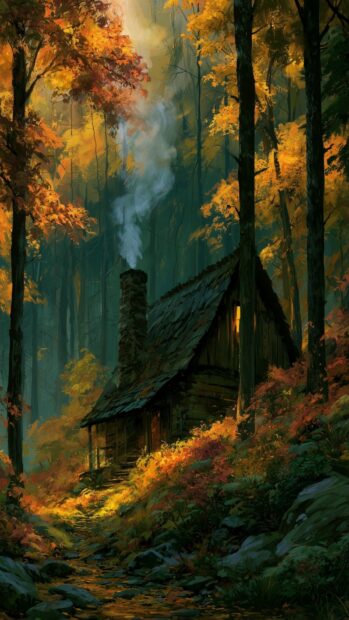 An artistic forest wallpaper depicting a cozy autumn cabin with smoke rising from its chimney, surrounded by vibrant orange and yellow trees