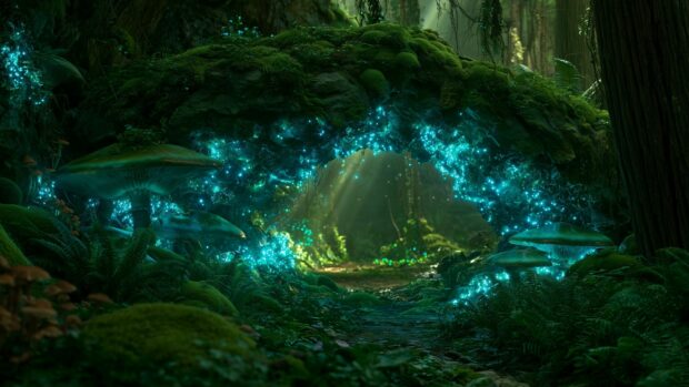 A magical Forest Wallpaper depicting a glowing blue cave entrance surrounded by bioluminescent mushrooms and lush greenery