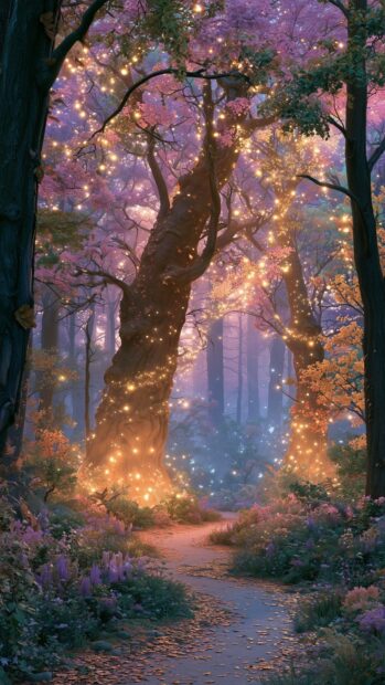 Magical forest wallpaper featuring a winding path illuminated by glowing fairy lights and vibrant pink trees