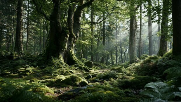 A lush green forest wallpaper with ancient mossy trees and sunlight dappling through the canopy onto the forest floor