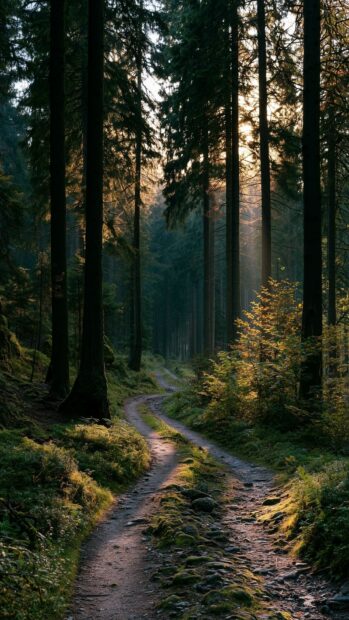 A beautiful forest wallpaper showing a winding path with golden sunlight filtering through tall pine trees and illuminating the mossy ground