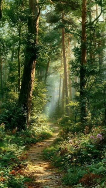 A beautiful Forest Wallpaper featuring a sunlit path winding through tall, green trees and lush foliage