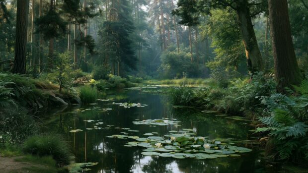 A tranquil forest wallpaper featuring a calm pond with green lily pads and clear reflections of dense trees and lush foliage