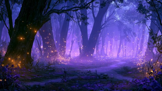 A vibrant Forest Wallpaper featuring a mystical purple glow illuminating dark trees and sparkling fairy lights