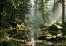 A stunning forest wallpaper showcasing a clear river flowing through a sun-drenched landscape with light rays and reflections on the water
