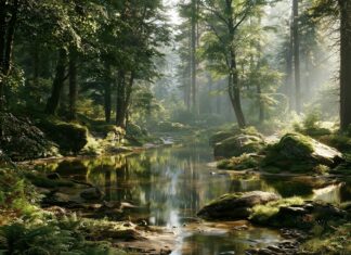 A stunning forest wallpaper showcasing a clear river flowing through a sun-drenched landscape with light rays and reflections on the water