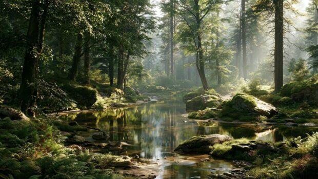 A stunning forest wallpaper showcasing a clear river flowing through a sun-drenched landscape with light rays and reflections on the water