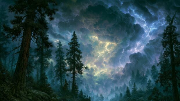 A dramatic forest wallpaper depicting a dark, stormy sky with vivid lightning striking over a dense pine forest