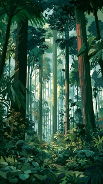 A vibrant Forest Wallpaper depicting a stylized jungle with tall, dark green trees and dense foliage