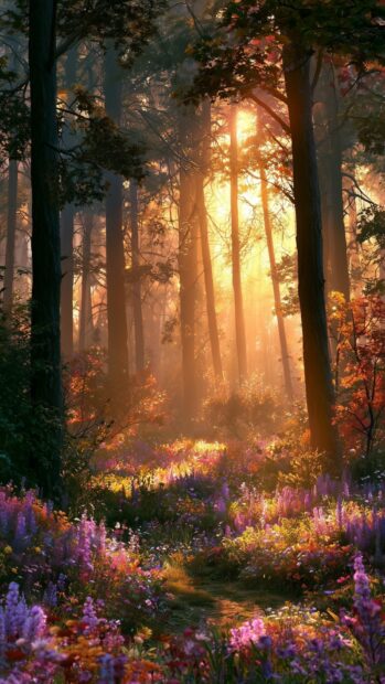 A beautiful forest wallpaper featuring sun rays shining through trees onto a vibrant field of purple and yellow flowers