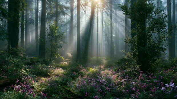 A serene Forest Wallpaper showcasing sun rays piercing through tall trees onto a vibrant floor of purple wildflowers