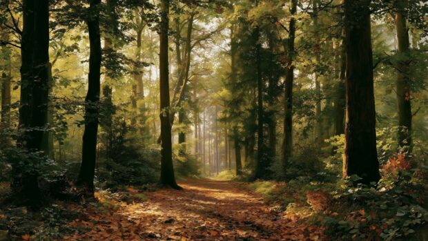 Forest wallpaper featuring a sunlit path covered with autumn leaves in a dense forest