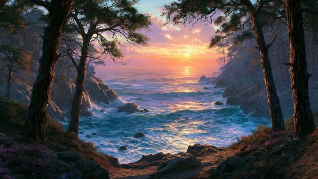 Forest wallpaper showcasing a dramatic sunset over a rocky ocean coast with trees framing the view